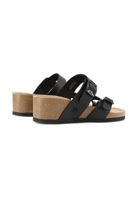 Sandali wedge neri con suola in sughero, caratterizzati da due fasce regolabili e una finitura liscia. Soletta testurizzata per comfort e stabilità.
