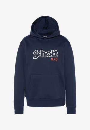 Marineblå hættetrøje med frontlomme, der har et hvidt kontrastlogo og rød tekst 'N.Y.C' på brystet. Bomuldsstof, struktureret.