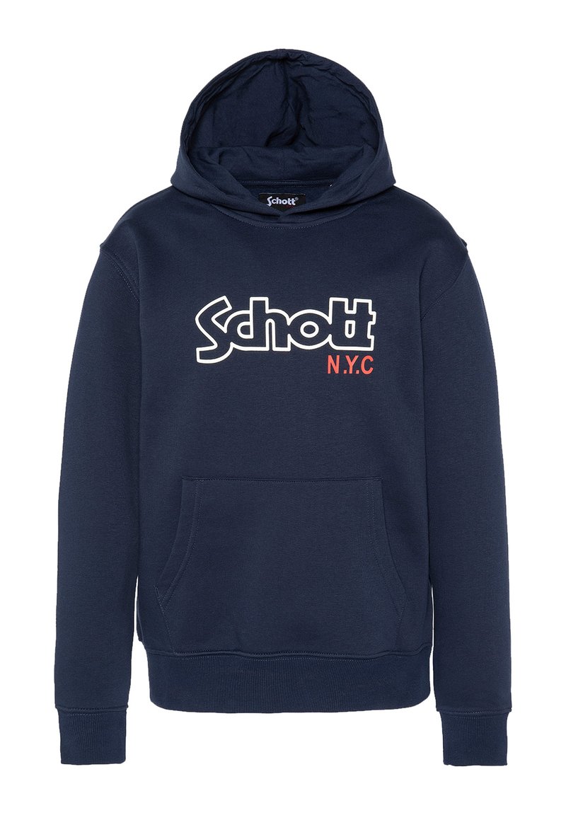 Felpa con cappuccio blu navy con tasca frontale, caratterizzata da un logo bianco a contrasto e testo rosso 'N.Y.C' sul petto. Tessuto in cotone, texture.