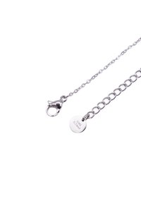 Collana in metallo argentato con chiusura a moschettone, maglie ovali e un'etichetta circolare incisa con "Acciaio Inossidabile 316L."