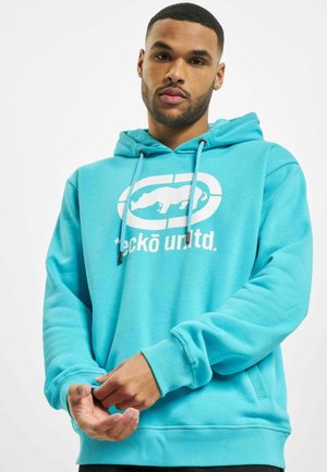 Turquoise hooded sweatshirt made of soft fabric, featuring a white logo with a stylized animal design and adjustable drawstrings.