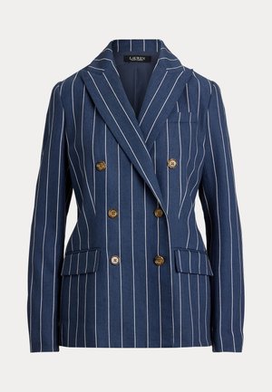 Blazer azul marinho de botão duplo com riscas verticais brancas. Apresenta botões dourados, lapelas clássicas e bolsos laterais.