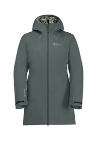 Giacca impermeabile di colore grigio scuro con cappuccio, zip frontale e dettagli riflettenti. Presenta una superficie liscia e cordini regolabili.
