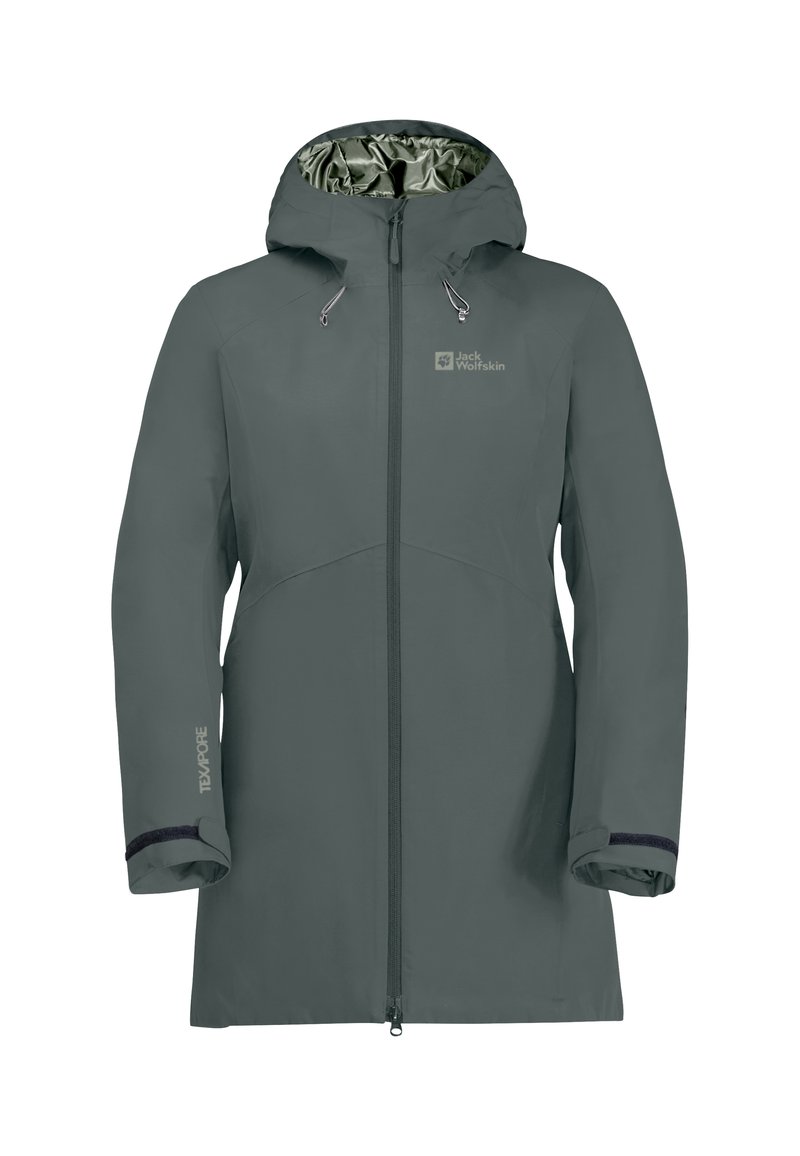 Giacca impermeabile di colore grigio scuro con cappuccio, zip frontale e dettagli riflettenti. Presenta una superficie liscia e cordini regolabili.