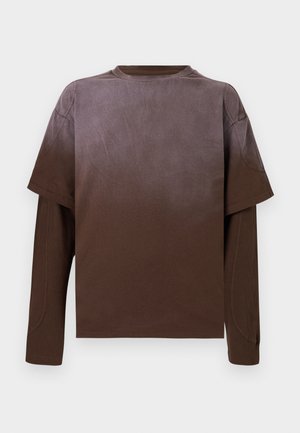 Brown layered long-sleeve shirt with a short-sleeve shirt over it, displayed on a white background.