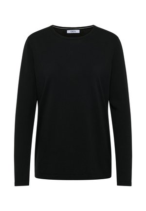 Haut noir à manches longues avec un col rond, fabriqué dans un tissu texturé. Design simple, sans motifs ni accents, arborant une étiquette CECIL à l'intérieur.
