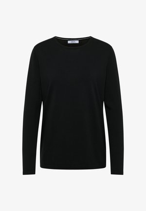 Haut noir à manches longues avec un col rond, fabriqué dans un tissu texturé. Design simple, sans motifs ni accents, arborant une étiquette CECIL à l'intérieur.