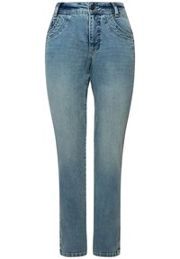 Ljusblå denimjeans med rak byxdesign, som har knäppning, fem fickor och subtila slitningar på låren.