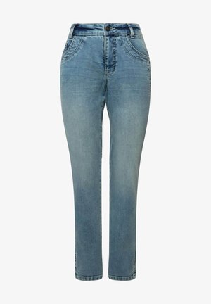 Lyseblå cowboybukser i denim med lige ben, fem lommer og diskrete syningsdetaljer. Stoffet har en blød tekstur og let slidte effekter.