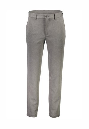 Grijze op maat gemaakte broek van gladde stof, met een platte voorkant, riemlussen en een enkele knoopsluiting bij de taille.