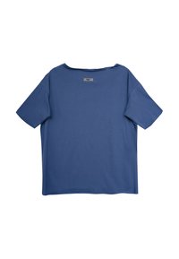 Niebieska koszulka z krótkim rękawem widoczna z tyłu, z okrągłym dekoltem i małą metką na górnej części pleców.