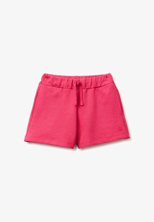 Pantalones cortos casuales de color rosa brillante con cintura elástica y cordón, con bolsillos laterales y un pequeño logo bordado en el dobladillo.