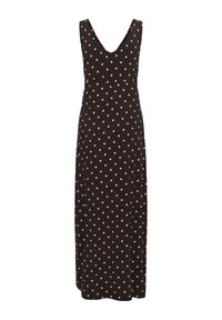 Robe maxi noire sans manches à pois blancs avec un profond décolleté en V.