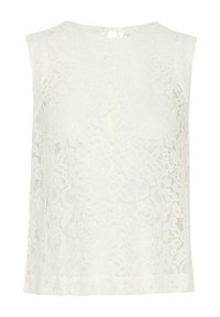 Haut en dentelle blanche avec un col rond et des manches courtes, présentant des motifs floraux complexes et une ouverture en trou de serrure au dos.