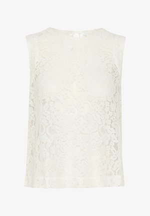 Weißes Spitzenoberteil mit rundem Halsausschnitt und kurzen Ärmeln, das kunstvolle Blumenmuster und einen Schlitzverschluss auf der Rückseite aufweist.