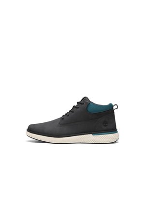 Scarpe alte nere con tomaia in pelle liscia, dettagli turchesi a contrasto sul colletto e suola in gomma bianca texturizzata.