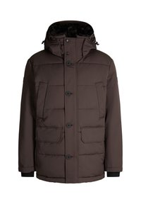 Giacca a puffo marrone con colletto alto, cappuccio regolabile, sei tasche frontali e chiusure a bottone nere. Tessuto liscio e isolante.