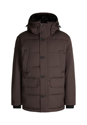 Braune Steppjacke mit hohem Kragen, verstellbare Kapuze, sechs Fronttaschen und schwarzen Druckknöpfen. Glattes, isoliertes Material.