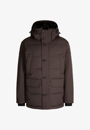 Braune Steppjacke mit hohem Kragen, verstellbare Kapuze, sechs Fronttaschen und schwarzen Druckknöpfen. Glattes, isoliertes Material.