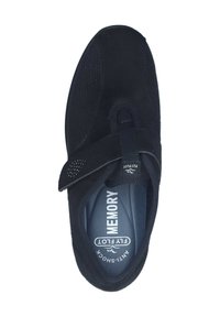 Black shoe with a textured upper, featuring a Velcro strap and memory foam insole. Lightweight design with perforations for breathability.