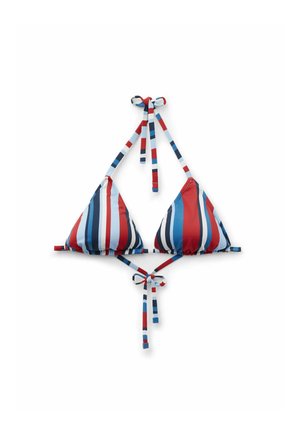 Top de bikini con rayas verticales rojas, blancas y azules; copas triangulares con bordes fruncidos; tirantes ajustables para un mejor ajuste.