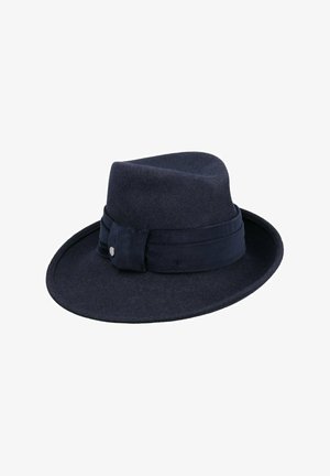 Dunkel marineblauer Fedora-Hut mit breiter Krempe und einem passenden Band mit kleinem Metallknopfdetail.