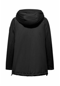 Parka nera con cappuccio, dal materiale liscio e opaco, orlo elasticizzato e maniche lunghe. Presenta dettagli minimi e nessuna chiusura visibile.