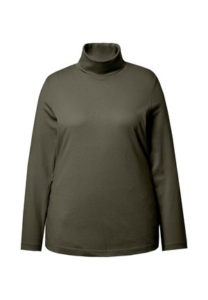 Camiseta de manga larga color verde oliva, material de algodón suave, ajuste relajado, con cuello alto y dobladillo recto, diseño liso.