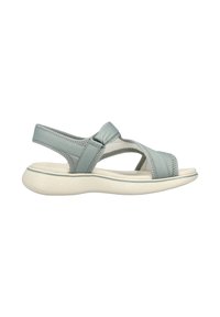 Light blue sandals with soft, textured straps, featuring an adjustable ankle strap and a cushioned white sole.