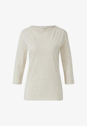 Helles beiges Langarm-T-Shirt mit einem Rundhalsausschnitt. Aus weichem Baumwollmischgewebe hergestellt, mit einer leicht strukturierten Oberfläche und lässiger Passform.