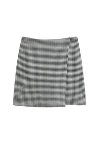 Zwart-wit houndstooth patroon A-lijn minirok met een zijsplit, weergegeven op een witte achtergrond.