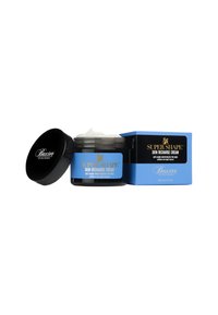 Bocal noir avec un couvercle noir, étiquette bleue et crème blanche visible à l'intérieur. La boîte bleue présente du texte noir mettant en avant la marque "Super Shape".