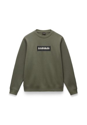 Olivenfarvet sweatshirt lavet af blødt stof, med et sort grafisk logo-patch på brystet, rund hals og ribbede manchetter og kant.