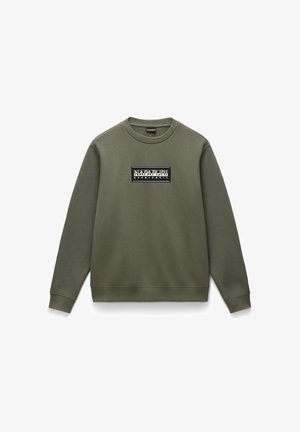 Olive green sweatshirt made of soft fabric, featuring a black graphic logo patch on the chest, round neck, and ribbed cuffs and hem.