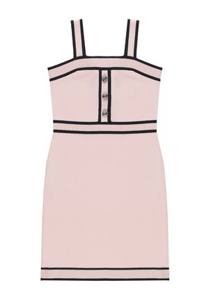 Mini abito rosa chiaro senza maniche con bordino nero, tre bottoni decorativi al centro del corpetto frontale e spalline con scollatura quadrata.