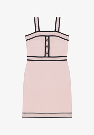 Ærmeløs lyserød minikjole med sort kant, tre dekorative knapper ned langs midten af forsiden og stropper med firkantet halsudskæring.