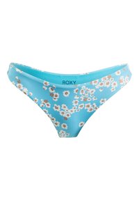 Hellblauer Bikiniunterteil mit floralem Muster in Weiß und Braun, mit einem niedrig sitzenden Design und weichem, glattem Stoff. Markenlogo sichtbar.