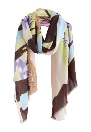 Lekki szalik z abstrakcyjnym, wielokolorowym wzorem w odcieniach niebieskiego, brązowego, beżowego, zielonego i fioletowego, z frędzlami na krawędziach.