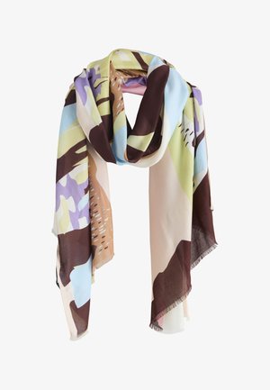 Lekki szalik z abstrakcyjnym, wielokolorowym wzorem w odcieniach niebieskiego, brązowego, beżowego, zielonego i fioletowego, z frędzlami na krawędziach.