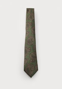 Grüne Krawatte mit einem Paisleymuster in Braun und Gold. Sie verfügt über einen strukturierten Stoff und ein schmales Design mit einer spitzen Spitze.