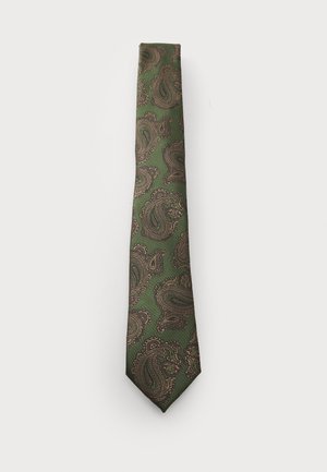 Grüne Krawatte mit einem Paisleymuster in Braun und Gold. Sie verfügt über einen strukturierten Stoff und ein schmales Design mit einer spitzen Spitze.