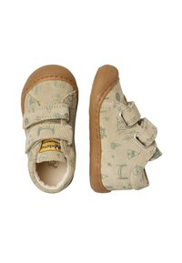 Scarpe per bambini color beige realizzate in suede a fantasia, con due strap in velcro, suole in gomma e illustrazioni fantasiose in tonalità di verde.