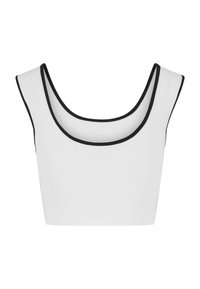 Vit crop top med rundad halsringning och svarta detaljer längs kanterna. Tillverkad av ett mjukt, elastiskt material med en figurnära design.