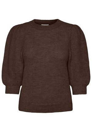 Bruine gebreide trui met geplooide driekwartsmouwen, geribbelde textuur en een ronde halslijn.
