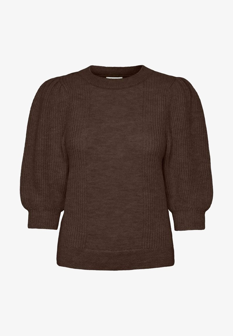 Pull en maille marron avec manches trois-quarts bouffantes, texture côtelée et col rond.