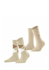 Due paia di calze beige: una con un motivo a rombi in marrone e bianco, e l'altra in beige uniforme.