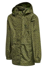 Grön vattentät jacka med huva, som har ett geometriskt mönster, elastiska ärmslut, tryckknappar och en framficka.