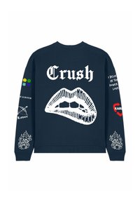 Felpa navy con grafica testuale bianca "Crush", design di labbra e varie illustrazioni colorate sulle maniche, tessuto testurizzato, collo a giro.