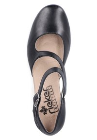 Chaussure Mary Jane en cuir noir avec un bout arrondi, deux bretelles ajustables et une doublure intérieure douce. Dispose d'une semelle texturée pour une meilleure adhérence.