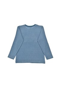 Langärmliges, blau-weiß gestreiftes Hemd mit Rundhalsausschnitt und weichem Stoff. Die Rückansicht zeigt eine gleichmäßige Streifenverteilung.